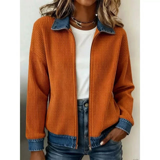 DenimRib – 🎁🔥 Women's Casual Ribbed Knit Zip-Up Jacket with Contrast Denim Details