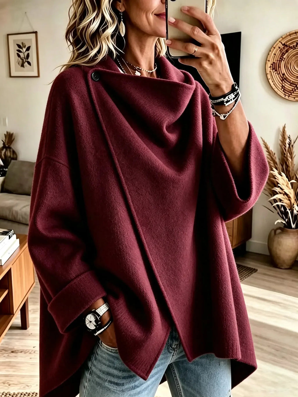 CowlDrape – 🤲⏰ Women's Asymmetrical Button Wrap Collar Poncho Sweater