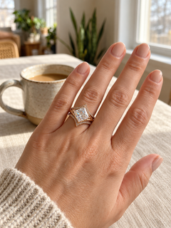 The ring set worn in soft morning light beside coffee