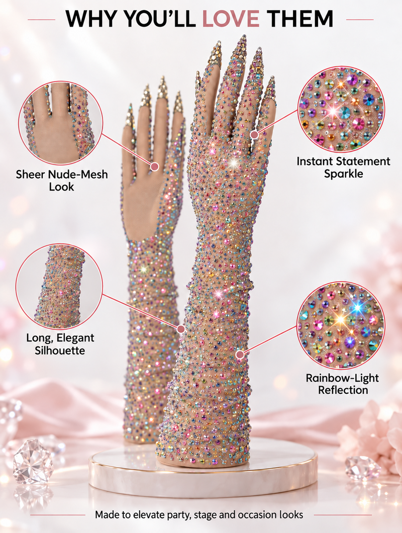 PrismGlow – Rhinestone Opera Gloves with Jeweled Claw Tips