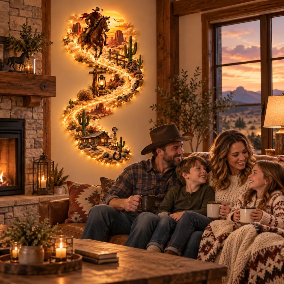 🤠 TrailGlow – Western Cowboy LED Wall Decor, Lighted Wild West Desert Scene with Horseback Rider, Cactus & Ranch Details