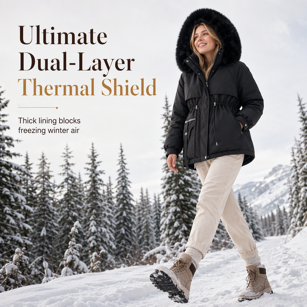 🧥 FrostHaven – Women's Fleece-Lined Winter Parka with Faux Fur Hood