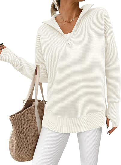 RibLoom – Women's Ribbed Half-Zip Tunic Sweater, Relaxed Fit Long Sleeve Pullover