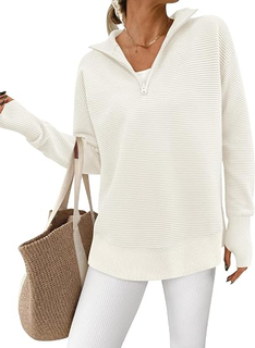 RibLoom – Women's Ribbed Half-Zip Tunic Sweater, Relaxed Fit Long Sleeve Pullover