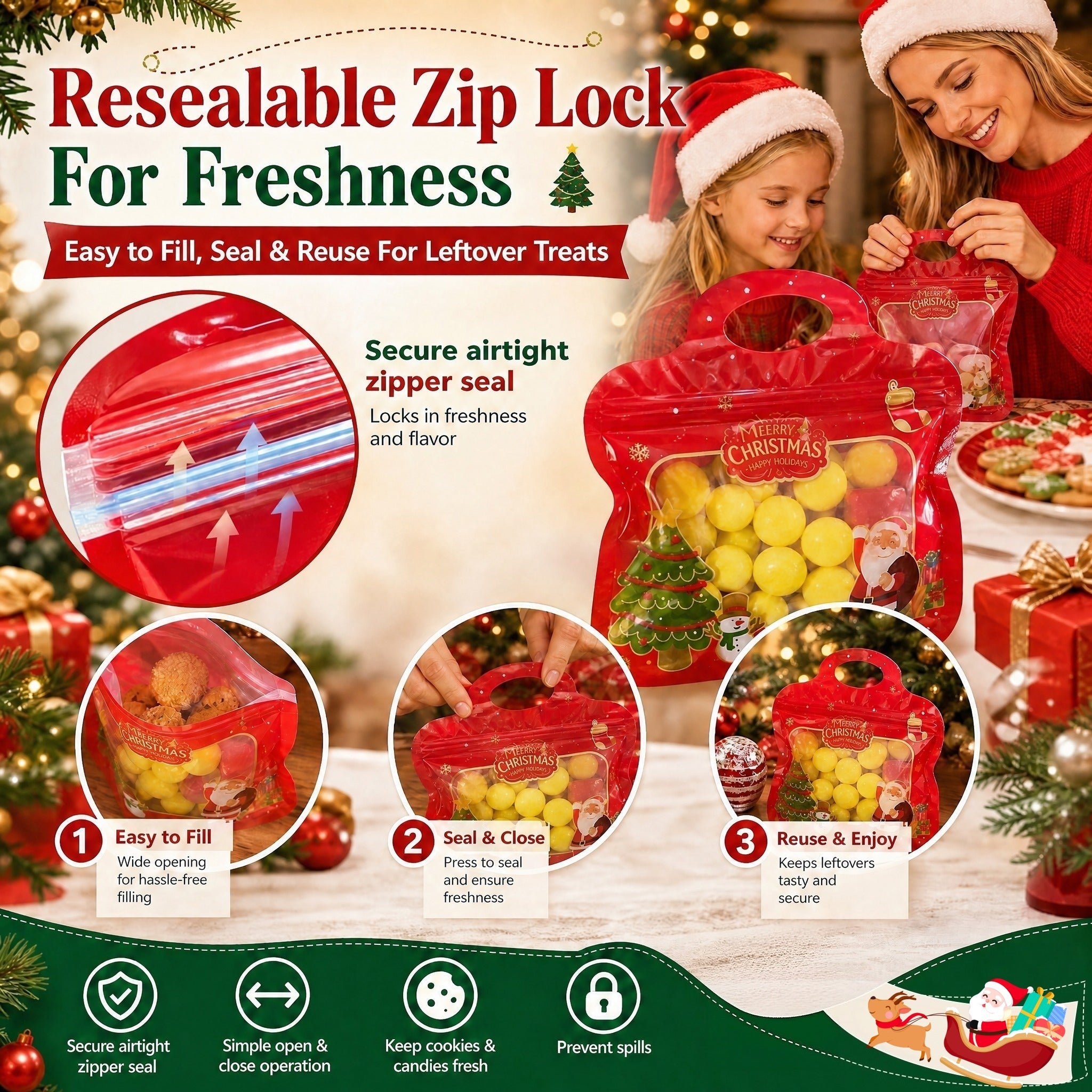 MerryZip – 💖🎁 Easy Fill, Easy Seal 🎄 Festive Self-Seal Treat Bags with Santa & Snowman Print, Resealable, Food-Safe & Perfect for Cookies, Chocolates & Little Gifts 🎅⛄