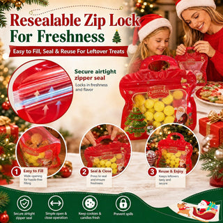 MerryZip – 💖🎁 Easy Fill, Easy Seal 🎄 Festive Self-Seal Treat Bags with Santa & Snowman Print, Resealable, Food-Safe & Perfect for Cookies, Chocolates & Little Gifts 🎅⛄
