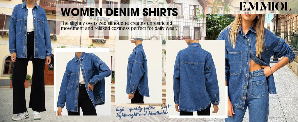 EMMIOL Women Oversized Denim Shirt Jacket Denim Shackets Long Sleeve Button Down Distressed Vintage Blue Jean Jacket Streetwear Summer Vibes Back to School Casual Basic SohoChic Womenswear