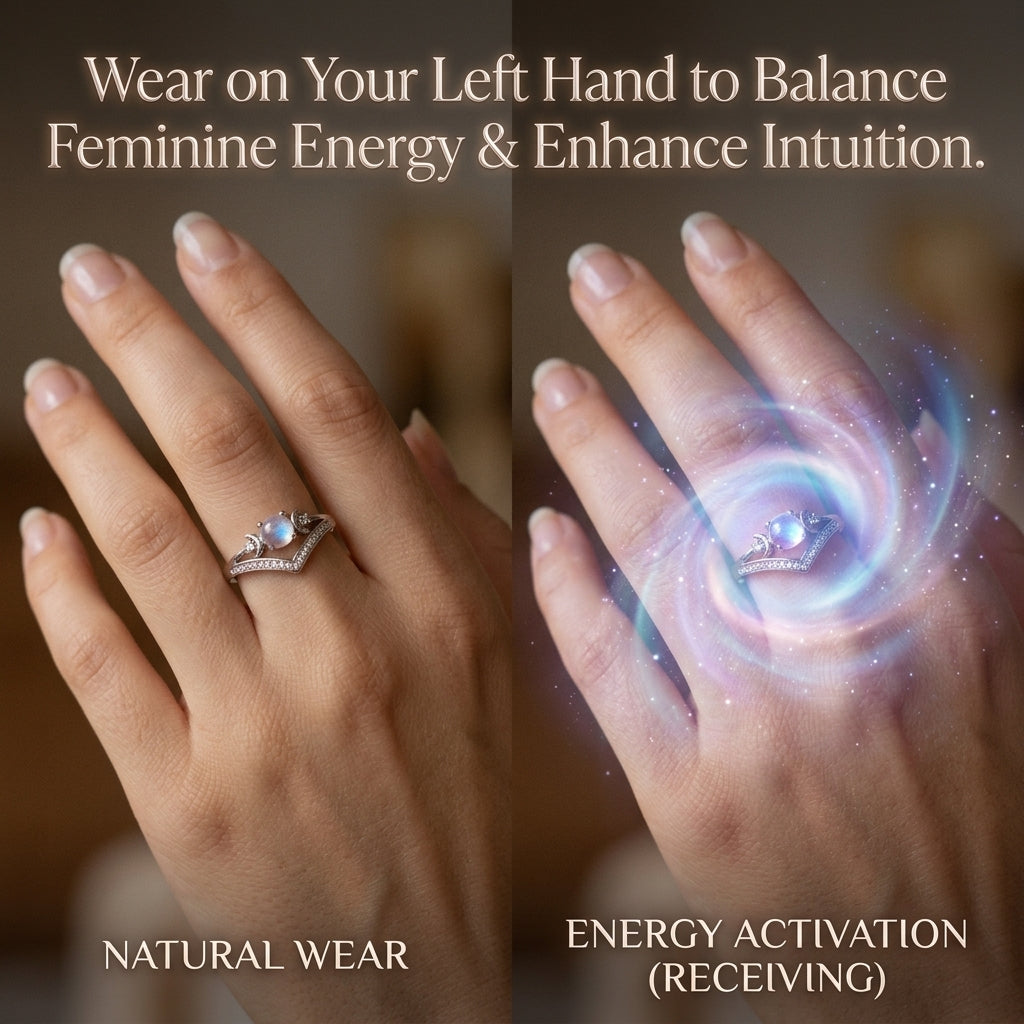 LunarShield – Triple Moon Goddess Natural Rainbow Moonstone Ring Set