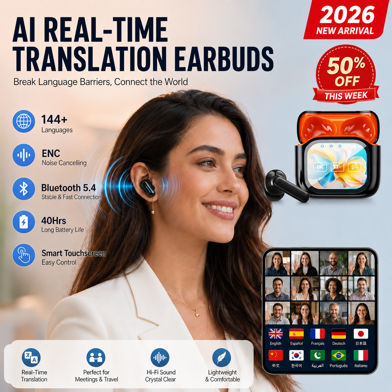 LinguaLink – Bluetooth Wireless Noise-Canceling Translation Earbuds