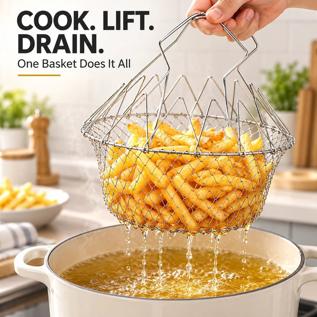 ChefFold – 🔥 Foldable Stainless Steel Frying Basket & Colander ✨