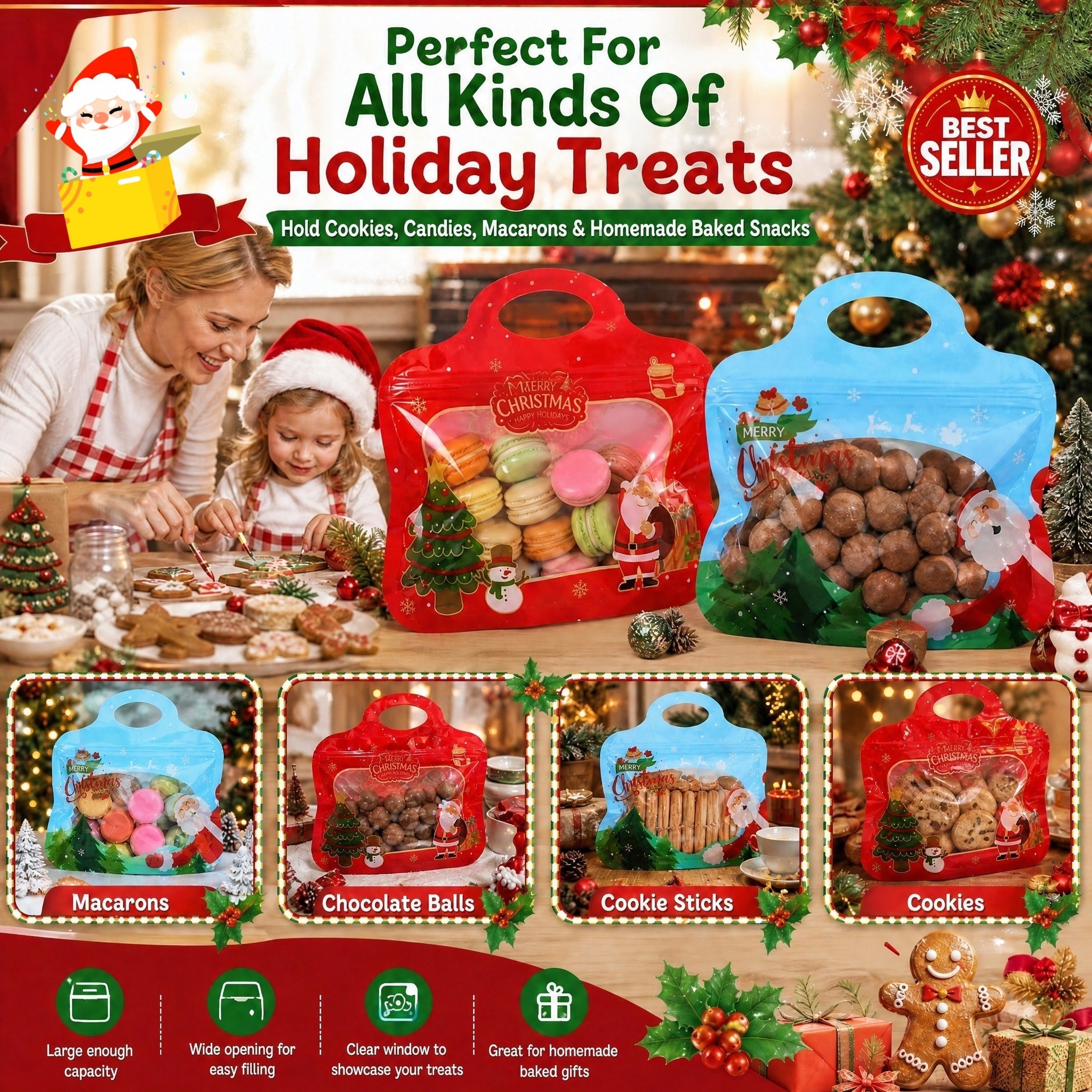 MerryZip – 💖🎁 Easy Fill, Easy Seal 🎄 Festive Self-Seal Treat Bags with Santa & Snowman Print, Resealable, Food-Safe & Perfect for Cookies, Chocolates & Little Gifts 🎅⛄