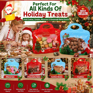 MerryZip – 💖🎁 Easy Fill, Easy Seal 🎄 Festive Self-Seal Treat Bags with Santa & Snowman Print, Resealable, Food-Safe & Perfect for Cookies, Chocolates & Little Gifts 🎅⛄