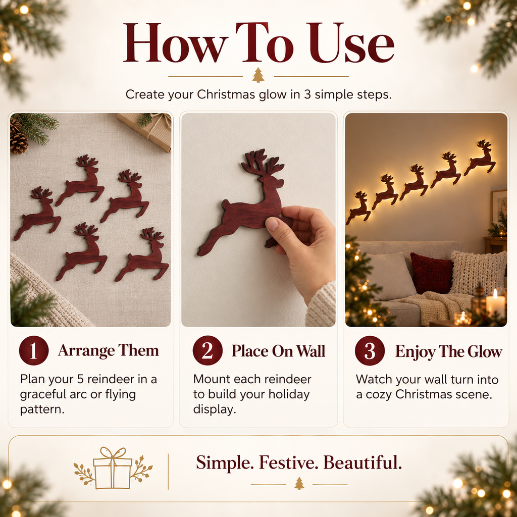 GlowDasher – ✨Christmas Magic Wall Decor✨ 5-Piece Glowing Wooden Reindeer Set