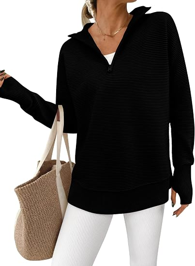 RibLoom – Women's Ribbed Half-Zip Tunic Sweater, Relaxed Fit Long Sleeve Pullover