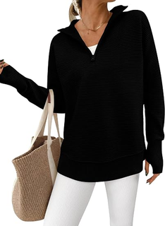 RibLoom – Women's Ribbed Half-Zip Tunic Sweater, Relaxed Fit Long Sleeve Pullover