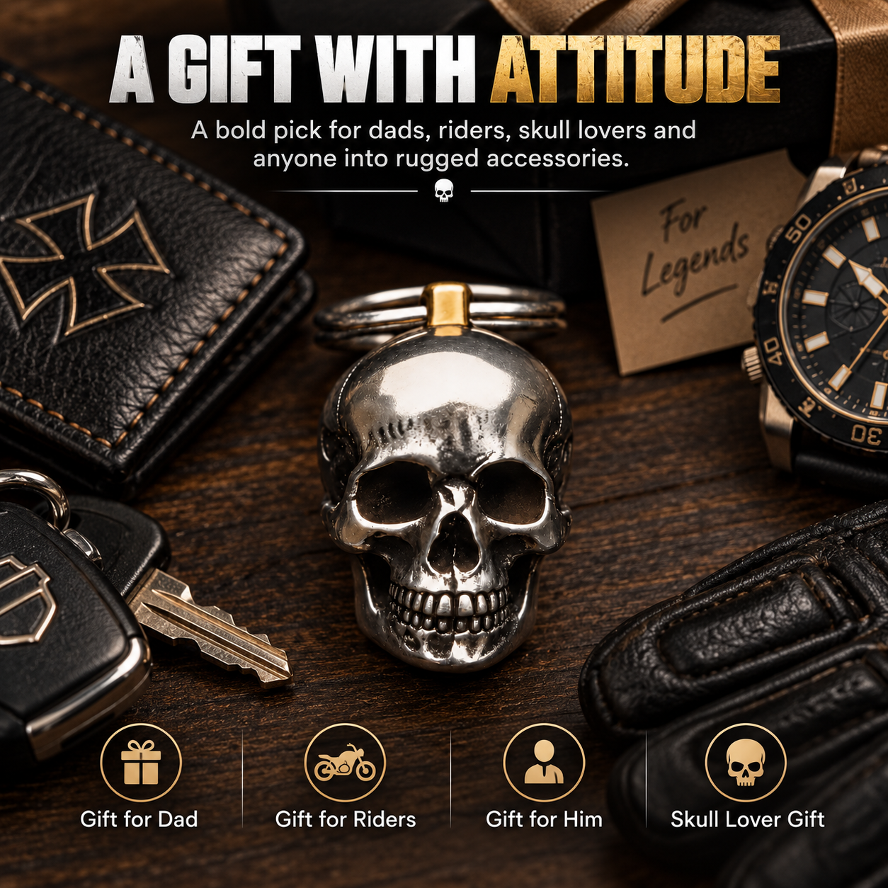 🔑SkullForge – 3D Steel Skull Keychain, Gothic Biker EDC Key Ring