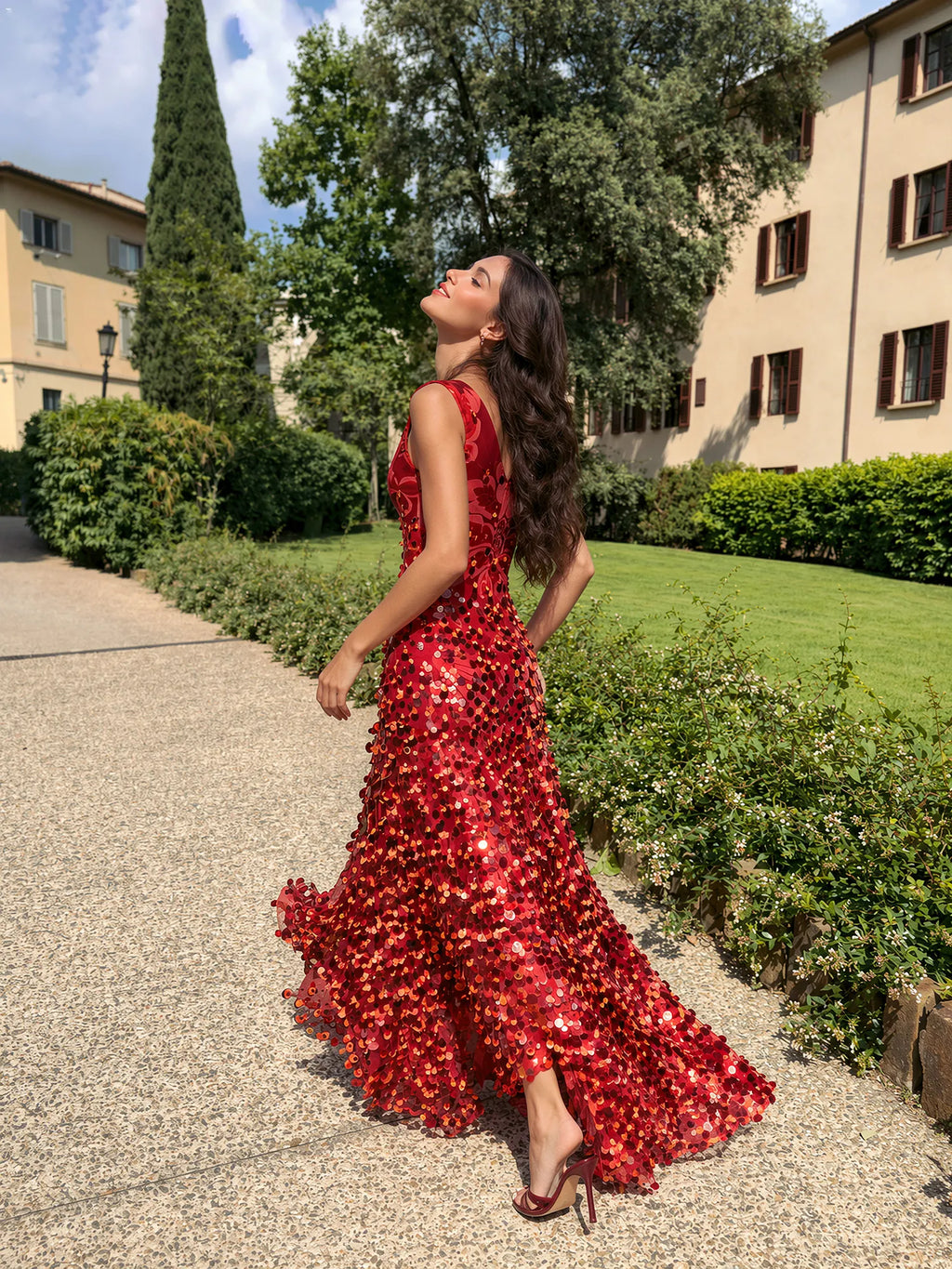 ElaraShimmer – Sleeveless Sequin Fringe Maxi Dress