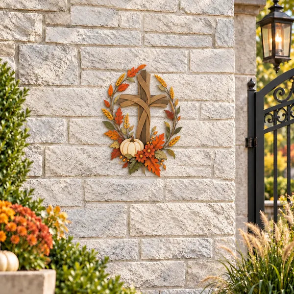 ✝️🍂 Autumn Cross & Pumpkin Harvest Metal Wall Decor