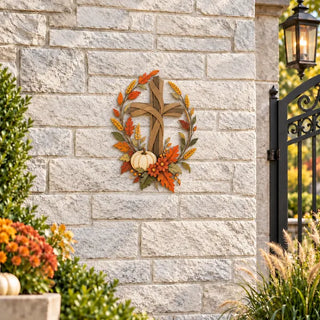 ✝️🍂 Autumn Cross & Pumpkin Harvest Metal Wall Decor