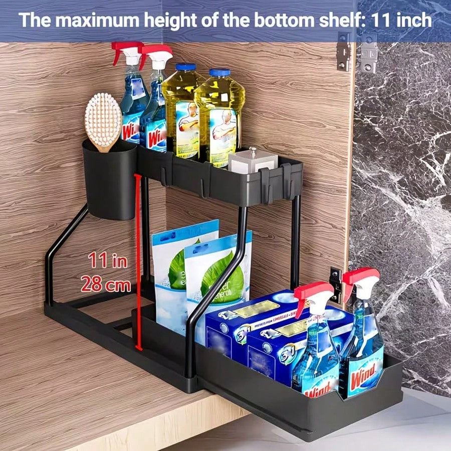 TidyTier – 2-Pack Pull-Out Under-Sink Organizers, 2-Tier Sliding Cabinet Shelves With Hanging Cups