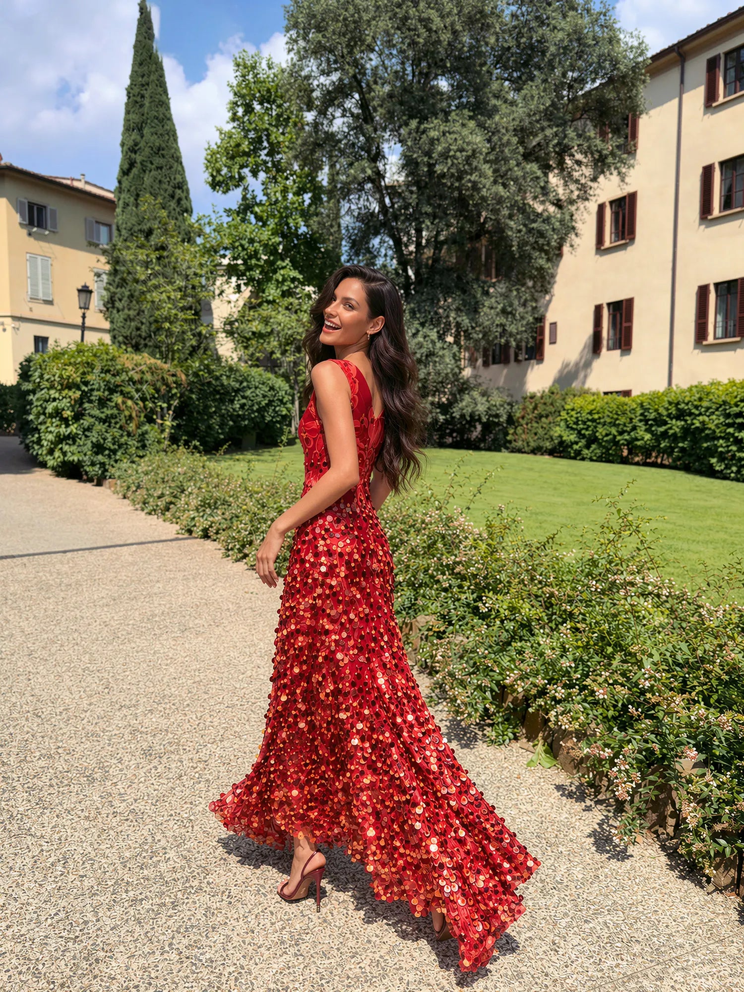 ElaraShimmer – Sleeveless Sequin Fringe Maxi Dress