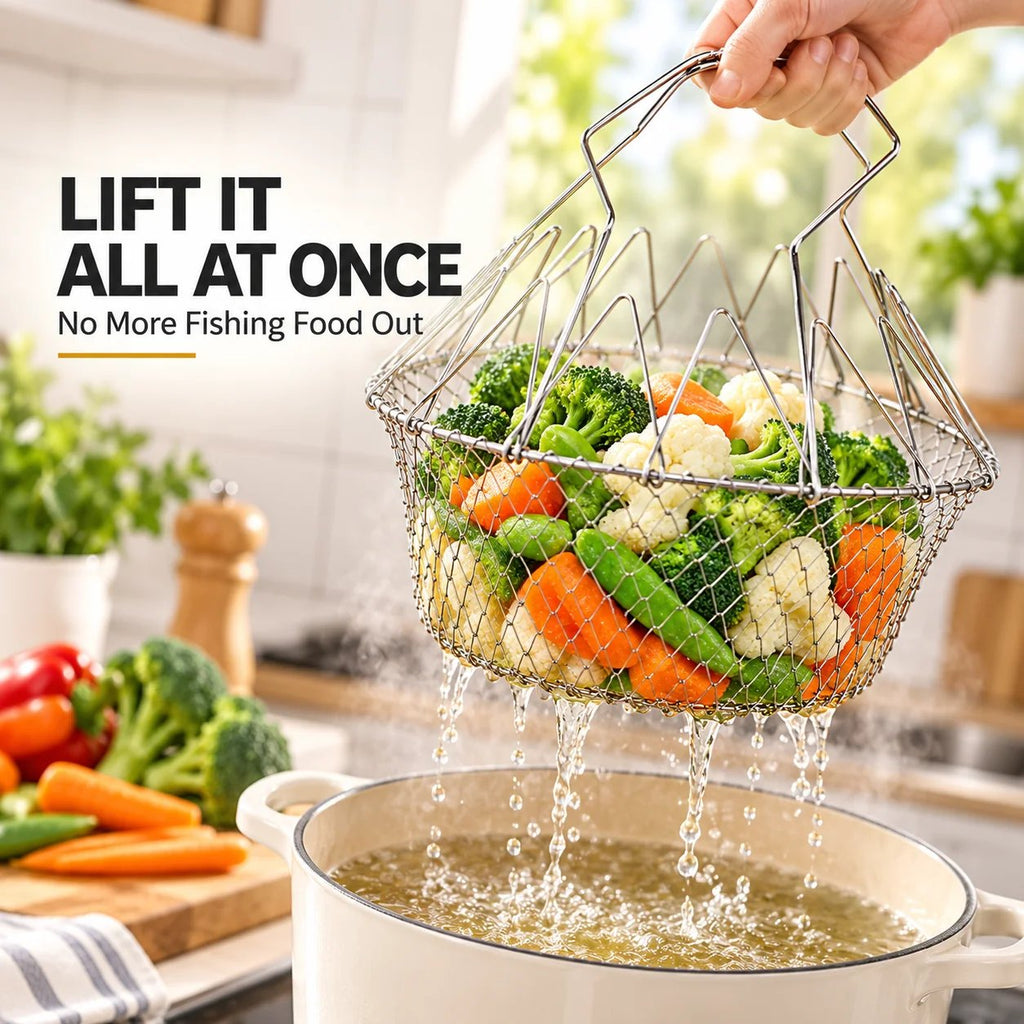 ChefFold – 🔥 Foldable Stainless Steel Frying Basket & Colander ✨