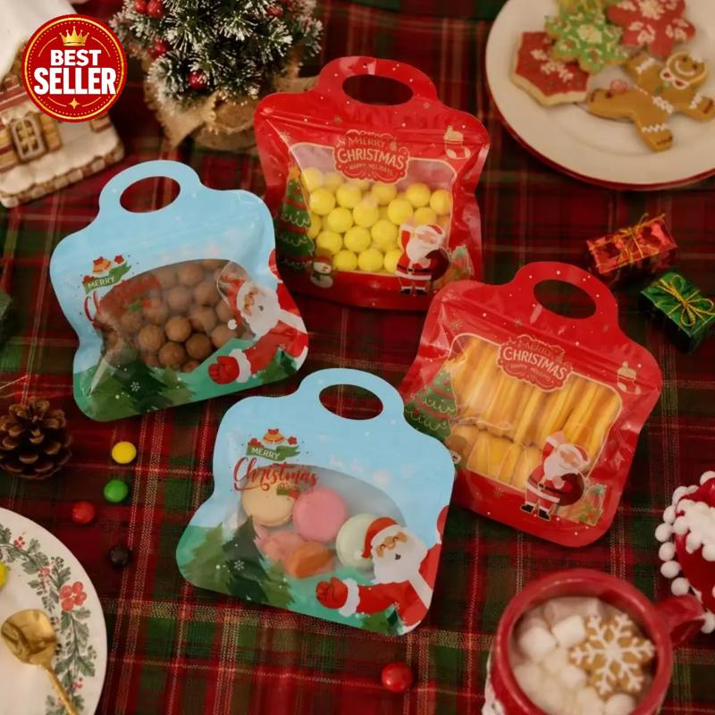 MerryZip – 💖🎁 Easy Fill, Easy Seal 🎄 Festive Self-Seal Treat Bags with Santa & Snowman Print, Resealable, Food-Safe & Perfect for Cookies, Chocolates & Little Gifts 🎅⛄