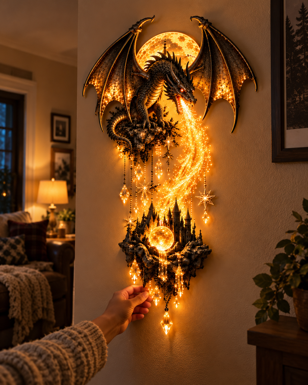 DragonGlow – 🔥 🐉 Dragonfire Moonlight Wall Lamp, Enchanted Fantasy Castle Décor 🌙