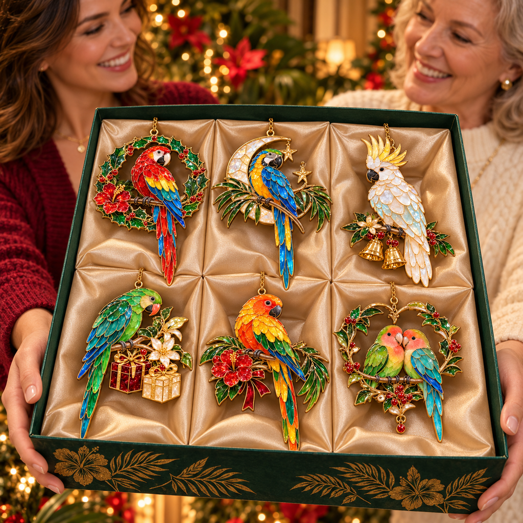 TropicGlow – Vintage Stained Glass-Style Parrot Christmas Ornaments