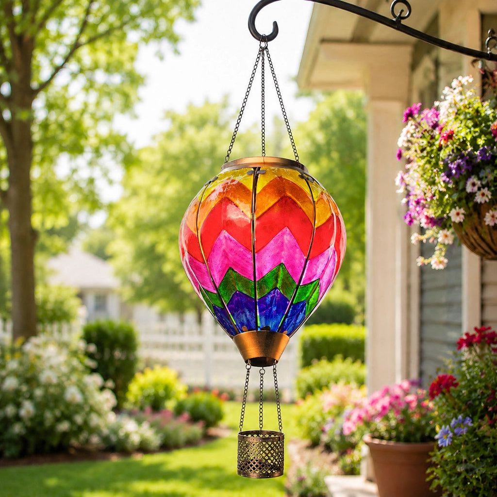 SkyGlow – Hand-Painted Hot Air Balloon Solar Lantern with Flame Effect