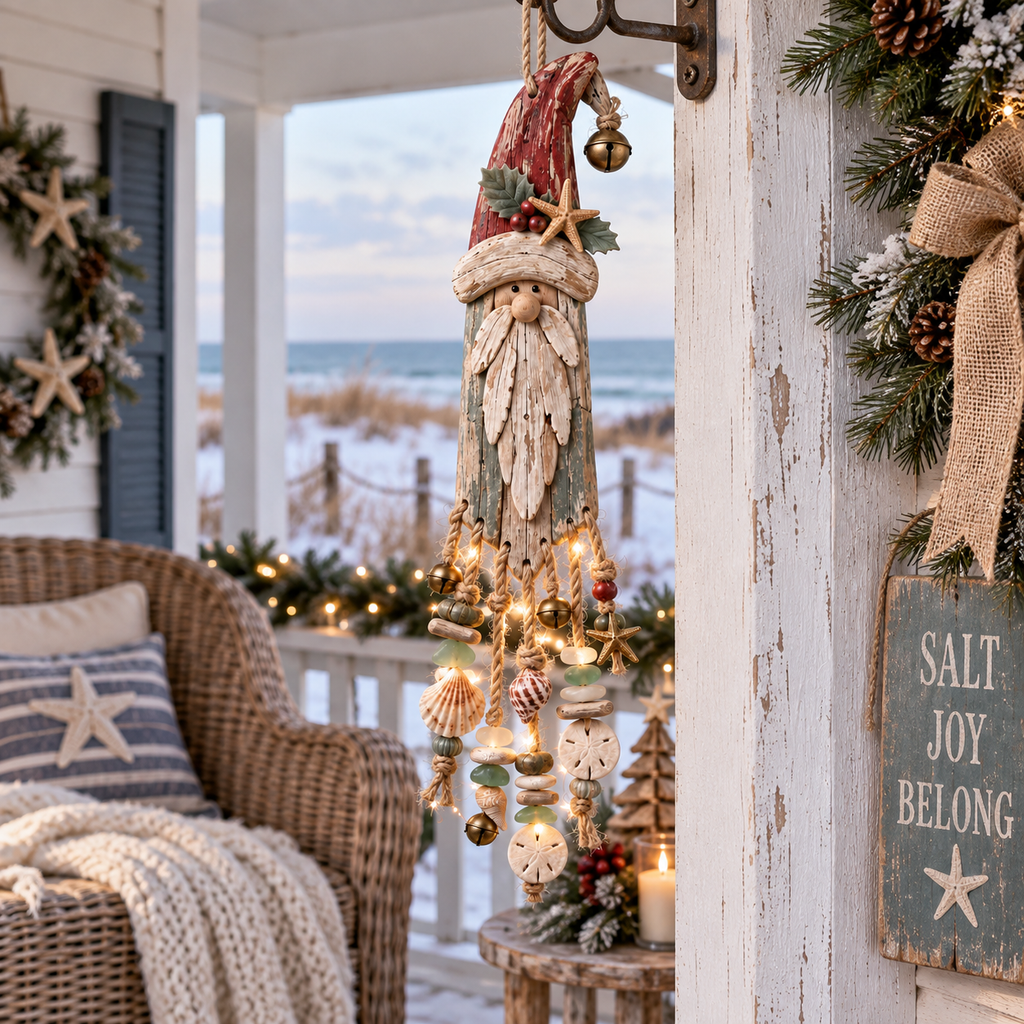 Vintage Coastal Santa Lighted Wall Decor – Beach House Christmas Hanging with Starfish, Shells & Warm Glow