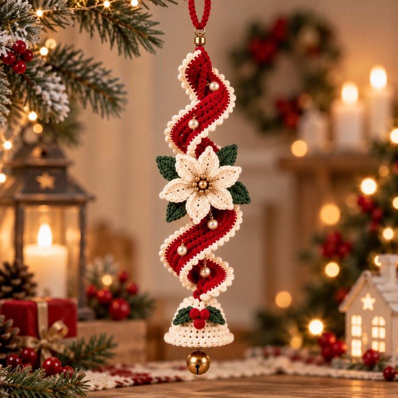 PoinsettiaTwirl – ✨✨ Handmade Spiral Poinsettia Christmas Bell Decoration for Door & Tree