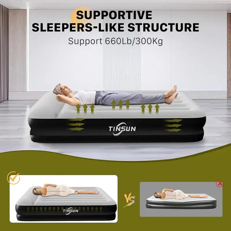 AirNest – Queen Air Mattress with Built-In Pump for Camping, Home & Guests (Black)