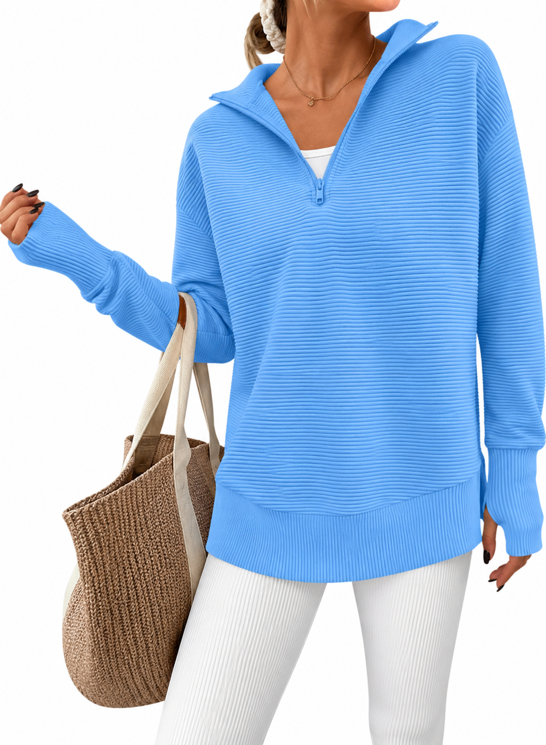 RibLoom – Women's Ribbed Half-Zip Tunic Sweater, Relaxed Fit Long Sleeve Pullover