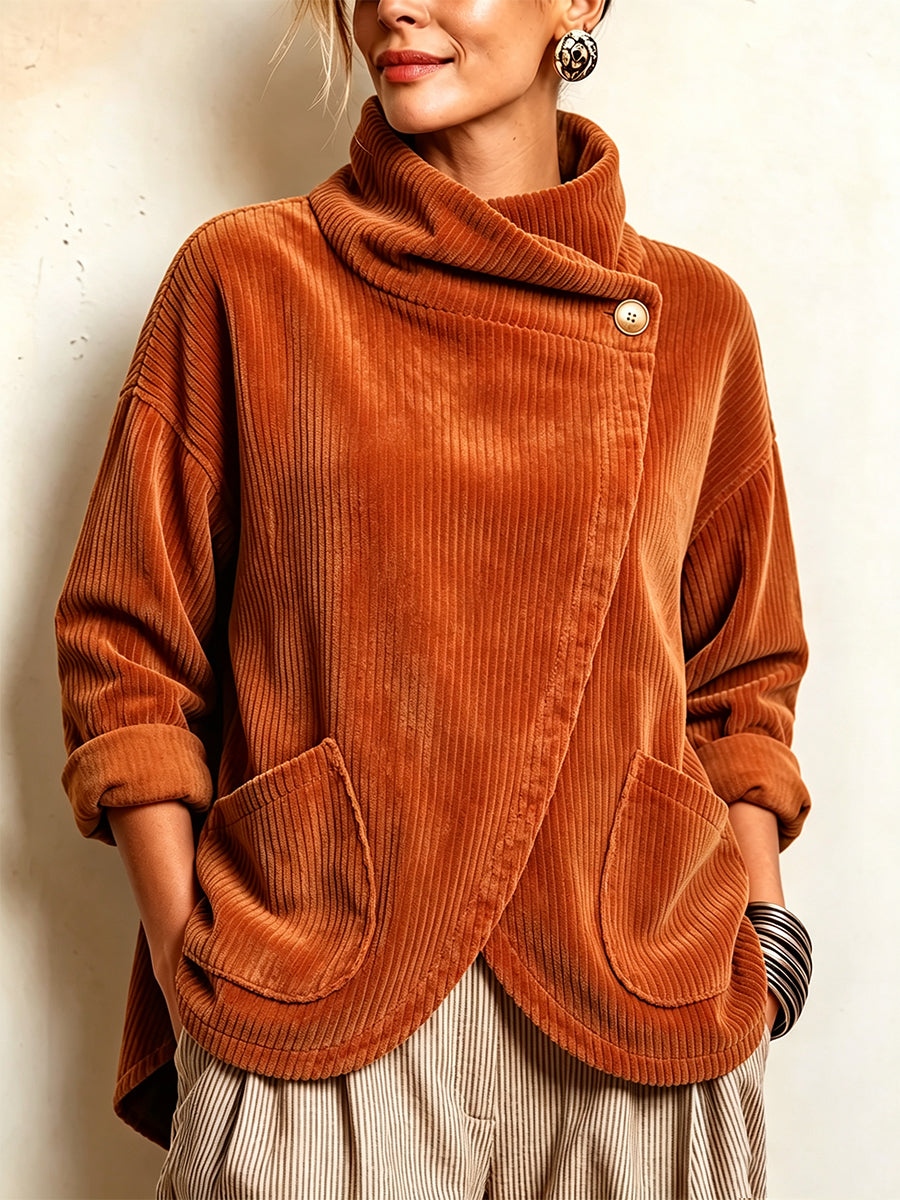 CordaWrap – 🤲⏰ Cozy Asymmetric Button-Accented Corduroy Top