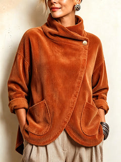 CordaWrap – 🤲⏰ Cozy Asymmetric Button-Accented Corduroy Top