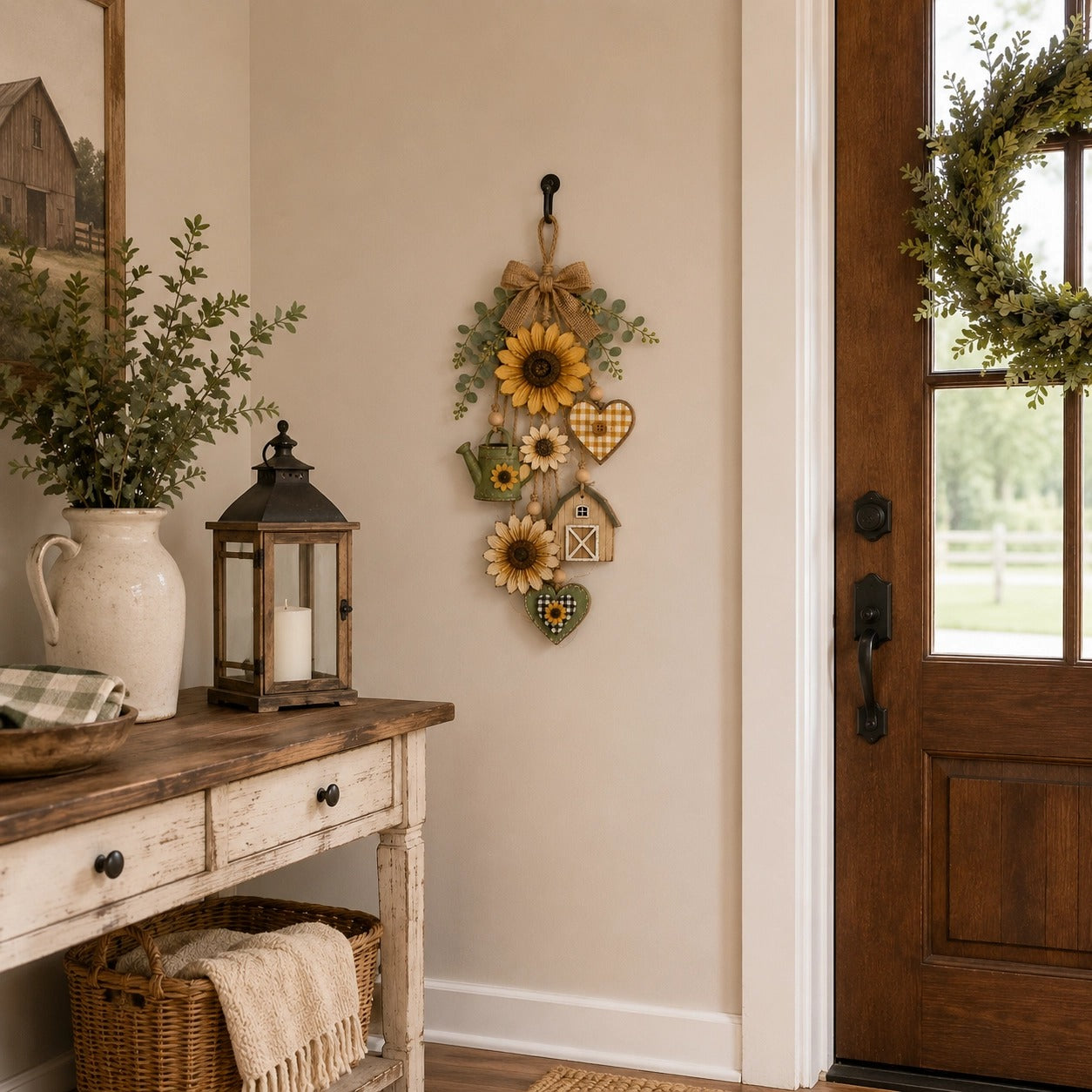 🌻SunnyHearth – Rustic Wooden Garden-Themed Hanging Ornament with Remote Control Fairy Lights