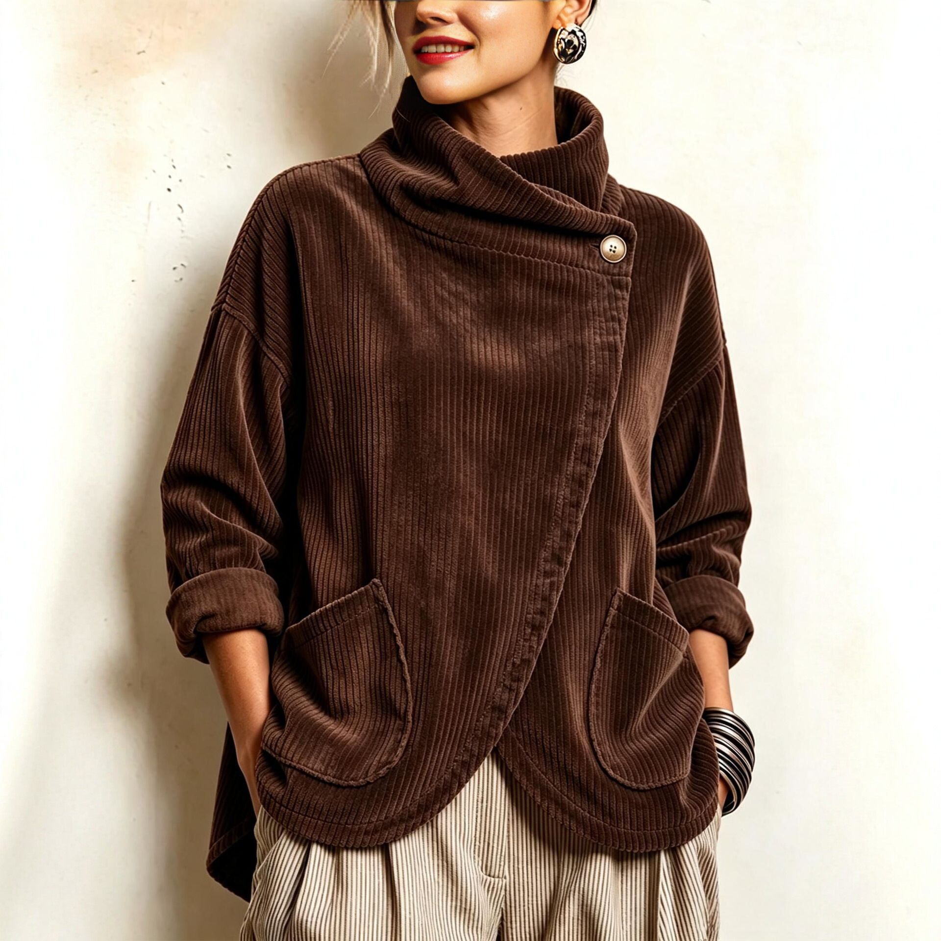 CordaWrap – 🤲⏰ Cozy Asymmetric Button-Accented Corduroy Top