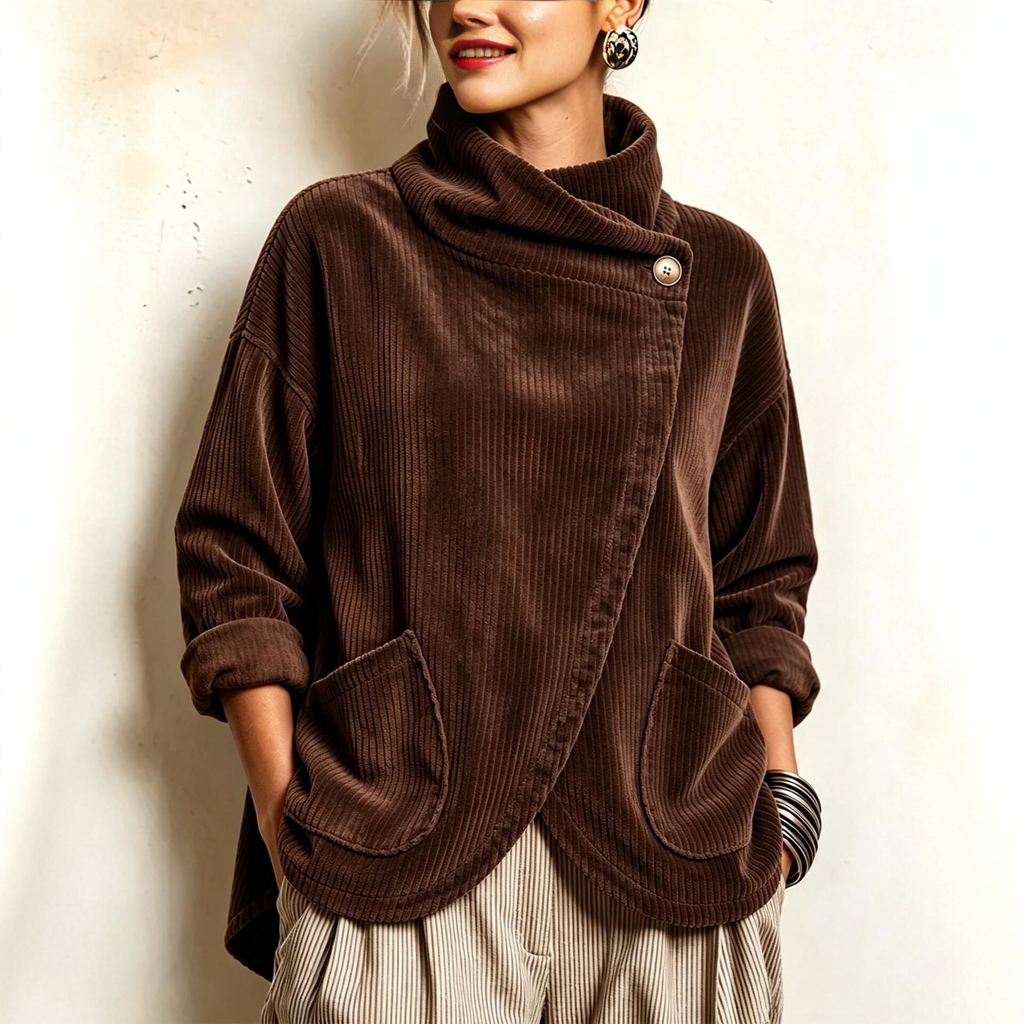 CordaWrap – 🤲⏰ Cozy Asymmetric Button-Accented Corduroy Top