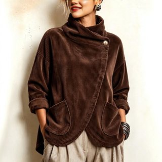 CordaWrap – 🤲⏰ Cozy Asymmetric Button-Accented Corduroy Top