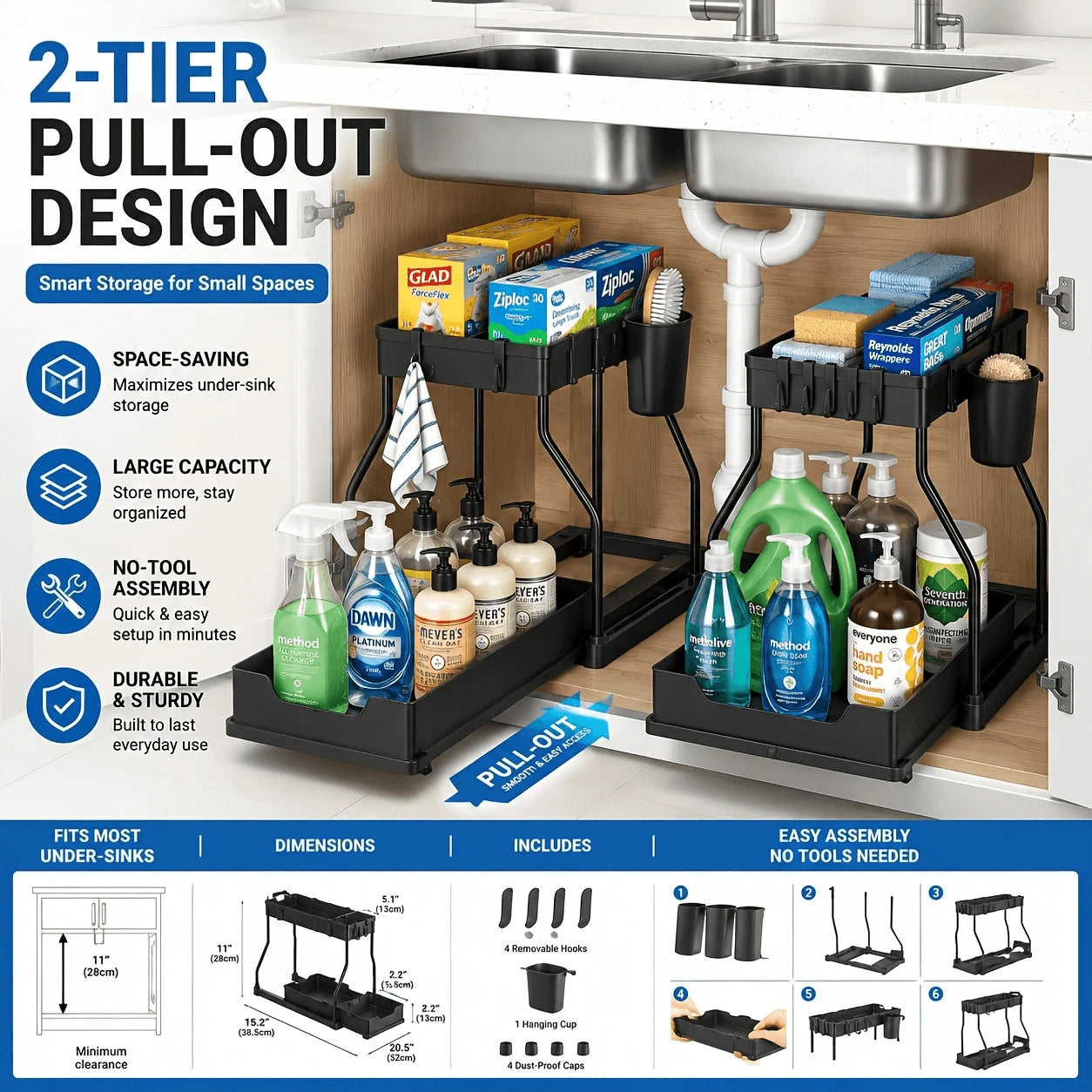 TidyTier – 2-Pack Pull-Out Under-Sink Organizers, 2-Tier Sliding Cabinet Shelves With Hanging Cups