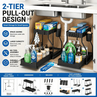 TidyTier – 2-Pack Pull-Out Under-Sink Organizers, 2-Tier Sliding Cabinet Shelves With Hanging Cups
