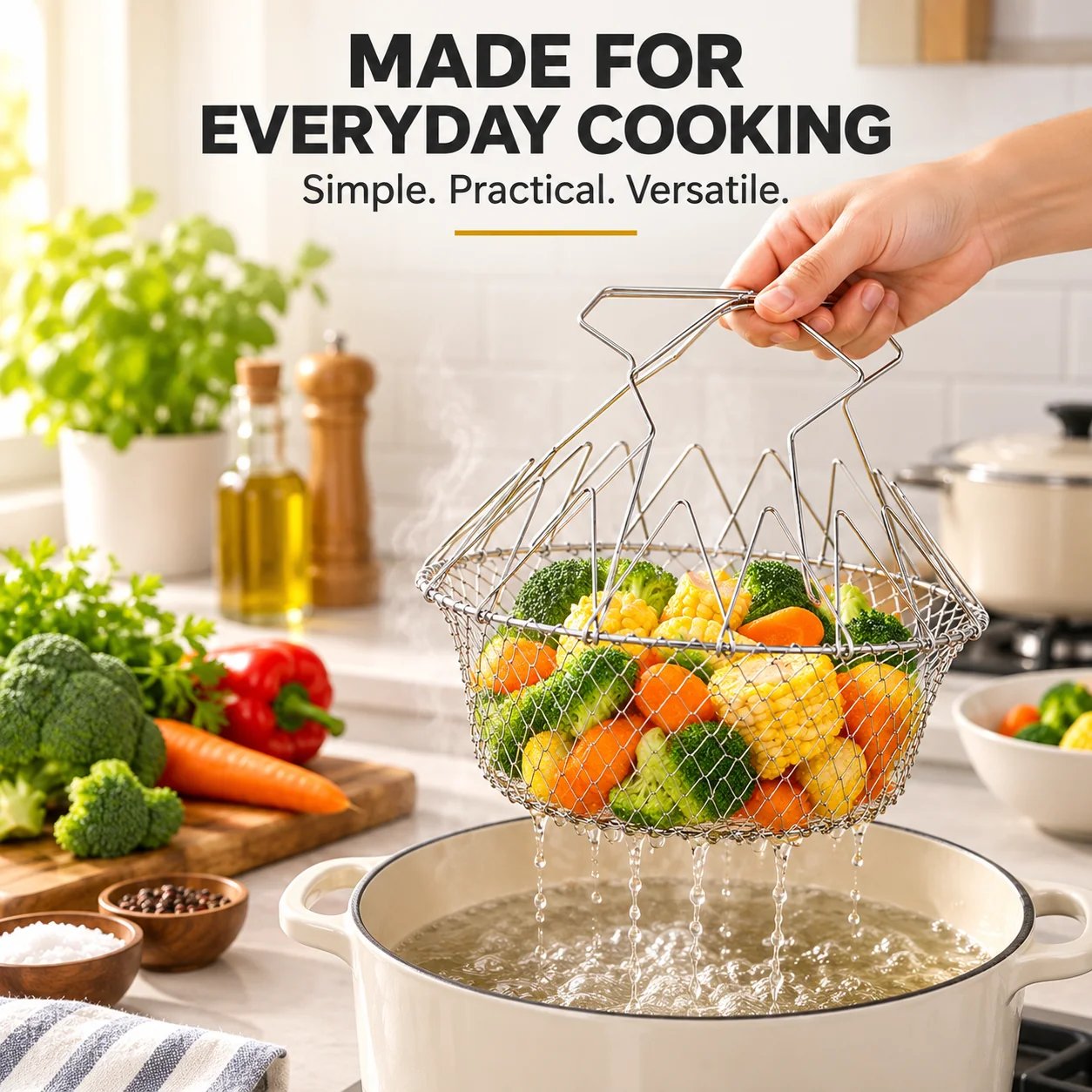 ChefFold – 🔥 Foldable Stainless Steel Frying Basket & Colander ✨