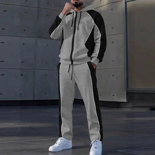 ✨ StrideBlock – Men's Color-Block Zip-Up Hoodie & Sweatpants 2-Piece Set