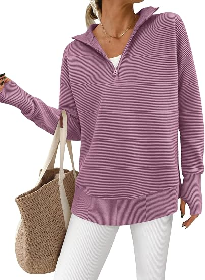 RibLoom – Women's Ribbed Half-Zip Tunic Sweater, Relaxed Fit Long Sleeve Pullover