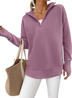 RibLoom – Women's Ribbed Half-Zip Tunic Sweater, Relaxed Fit Long Sleeve Pullover