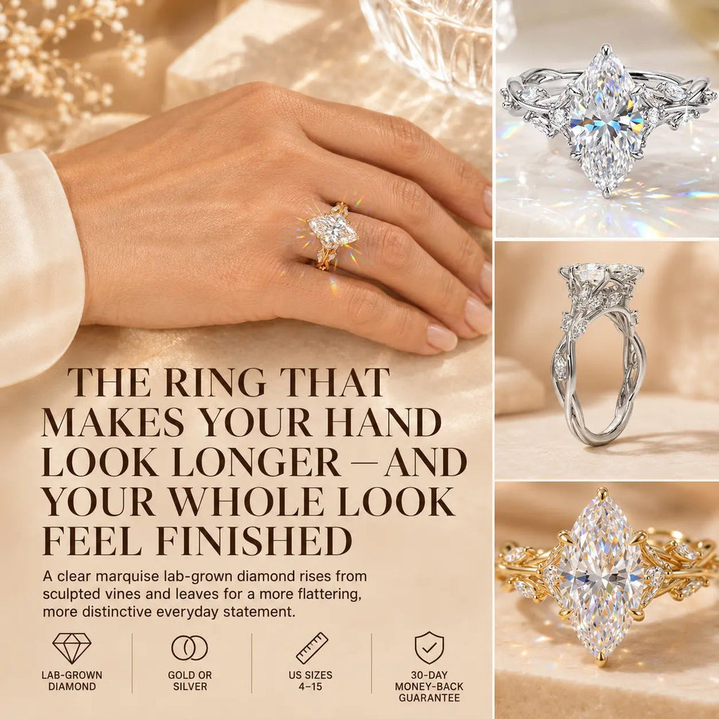 EverwildMarquise – 🔥 Lab-Grown Diamond Vine Ring in Gold or Silver