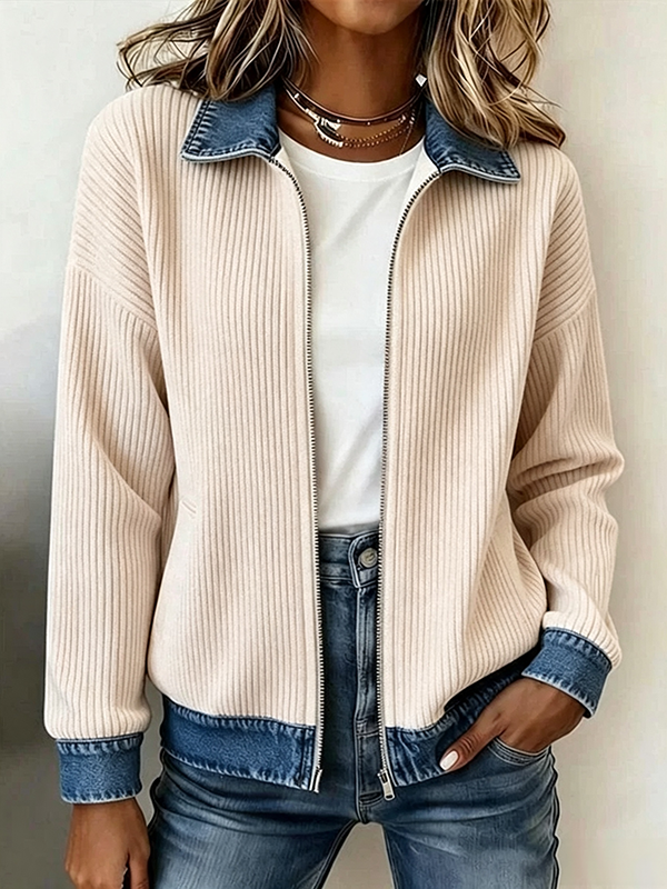 DenimRib – 🎁🔥 Women's Casual Ribbed Knit Zip-Up Jacket with Contrast Denim Details