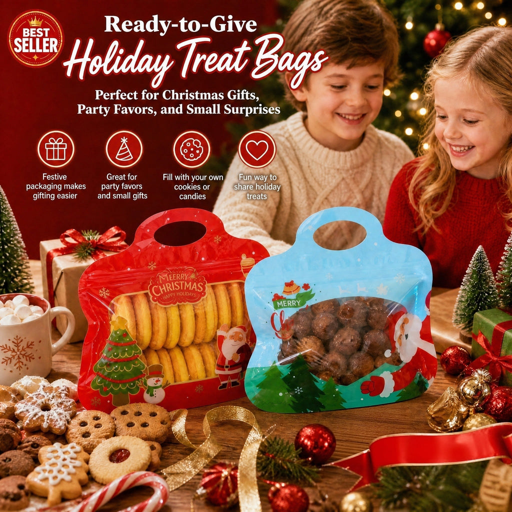 MerryZip – 💖🎁 Easy Fill, Easy Seal 🎄 Festive Self-Seal Treat Bags with Santa & Snowman Print, Resealable, Food-Safe & Perfect for Cookies, Chocolates & Little Gifts 🎅⛄