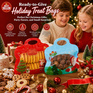 MerryZip – 💖🎁 Easy Fill, Easy Seal 🎄 Festive Self-Seal Treat Bags with Santa & Snowman Print, Resealable, Food-Safe & Perfect for Cookies, Chocolates & Little Gifts 🎅⛄